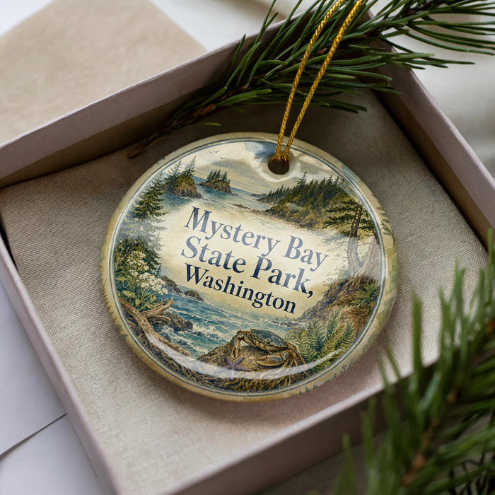 A round ornament with a scenic landscape of Mystery Bay State Park, Washington, featuring pine trees and a body of water.