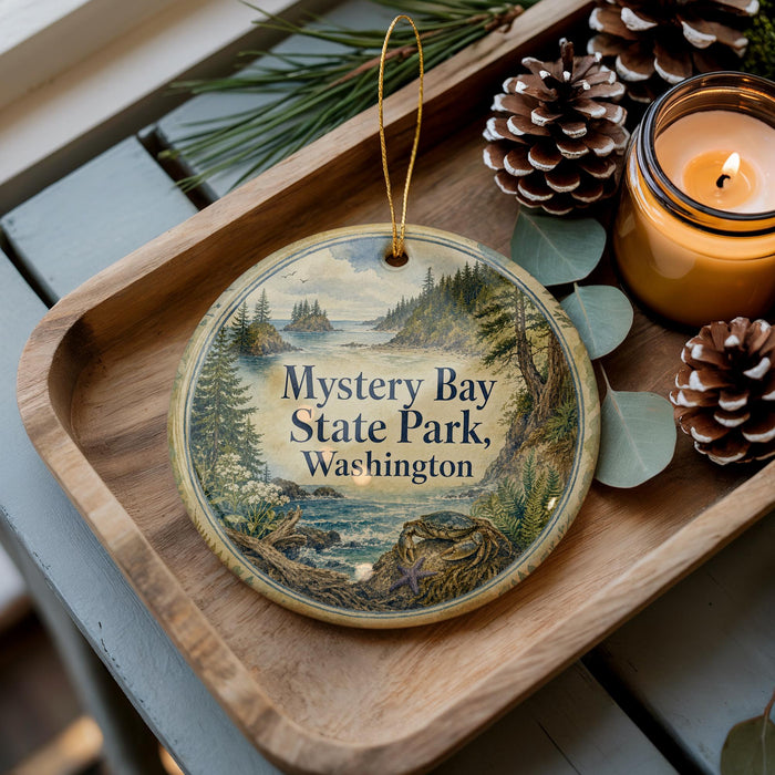 A wooden tray with a decorative ornament featuring a scenic landscape of Mystery Bay State Park, Washington, and pine cones.