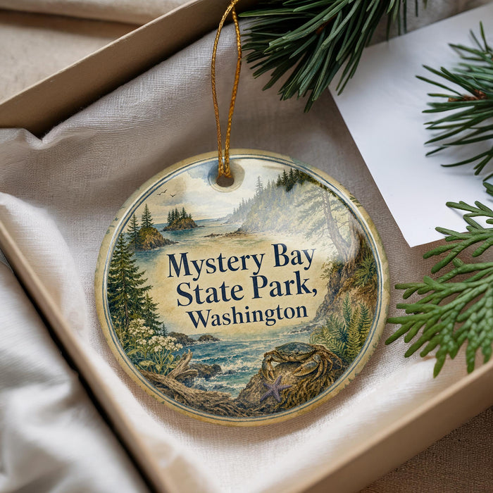 A round ornament with a scenic landscape of Mystery Bay State Park, Washington, hanging from a string.