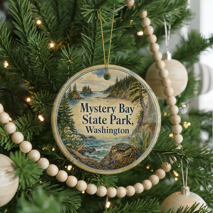 A round ornament hanging on a Christmas tree, featuring a scenic image of Mystery Bay State Park in Washington.