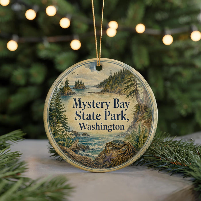 A round ornament with a scenic image of Mystery Bay State Park, Washington, hanging from a string.
