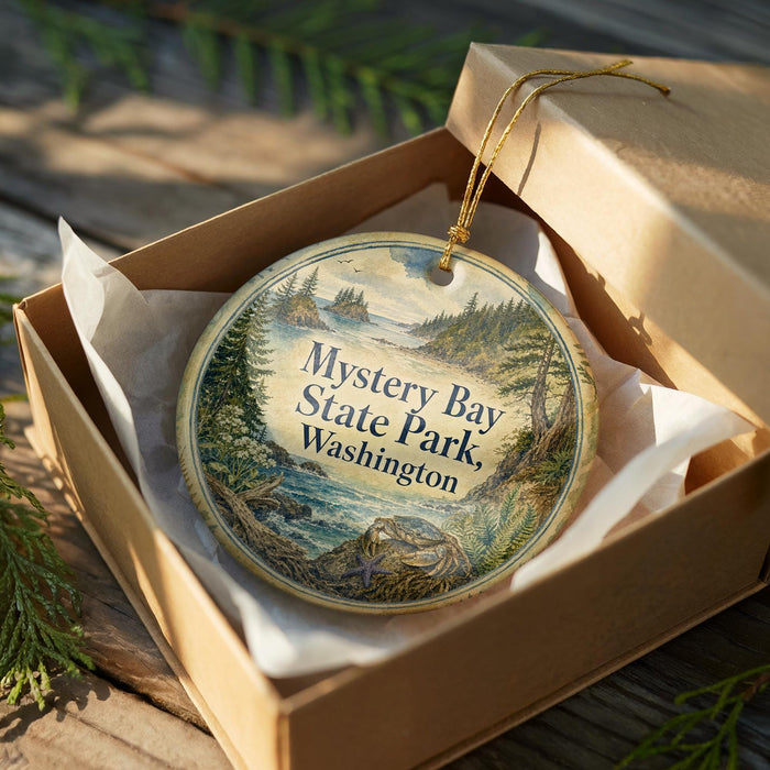 An oval ornament in a brown box, featuring a scenic landscape with a body of water and trees, with the text "Mystery Bay State Park, Washington" printed on it.