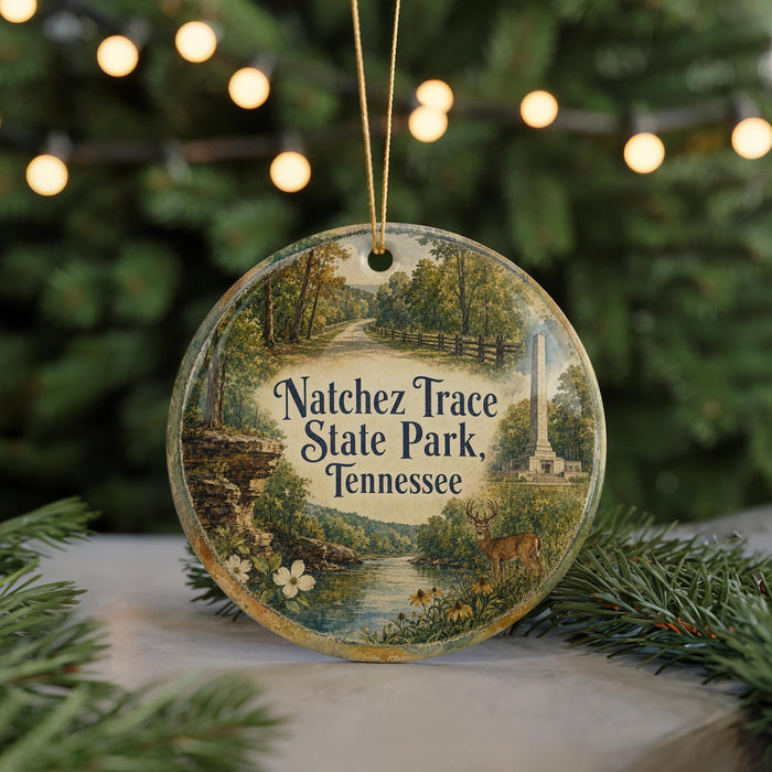 A round ornament with a scenic image of a forest and a river, surrounded by Christmas lights.