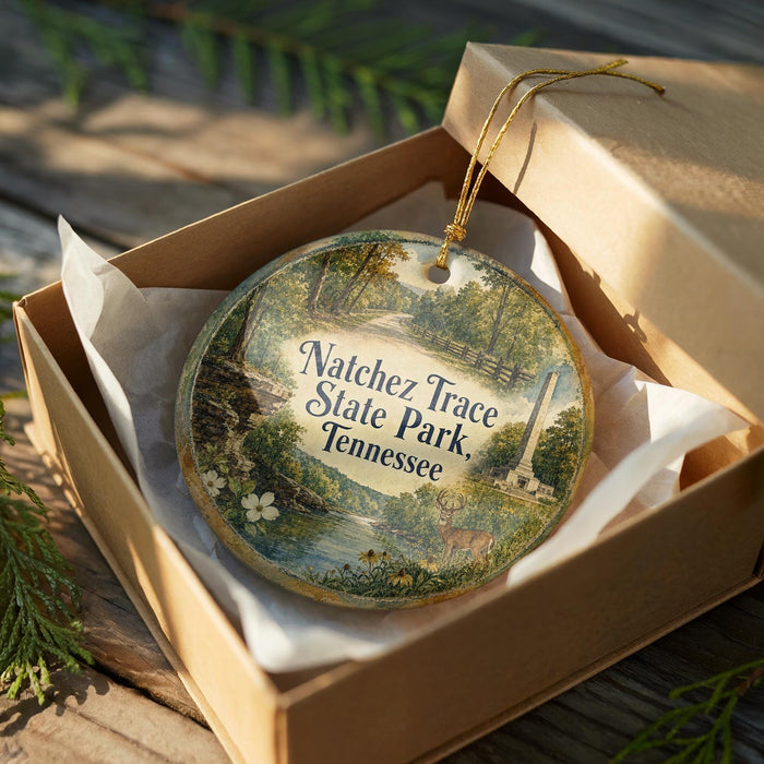 A decorative ornament in a box, featuring a scenic landscape with a river, trees, and wildlife.