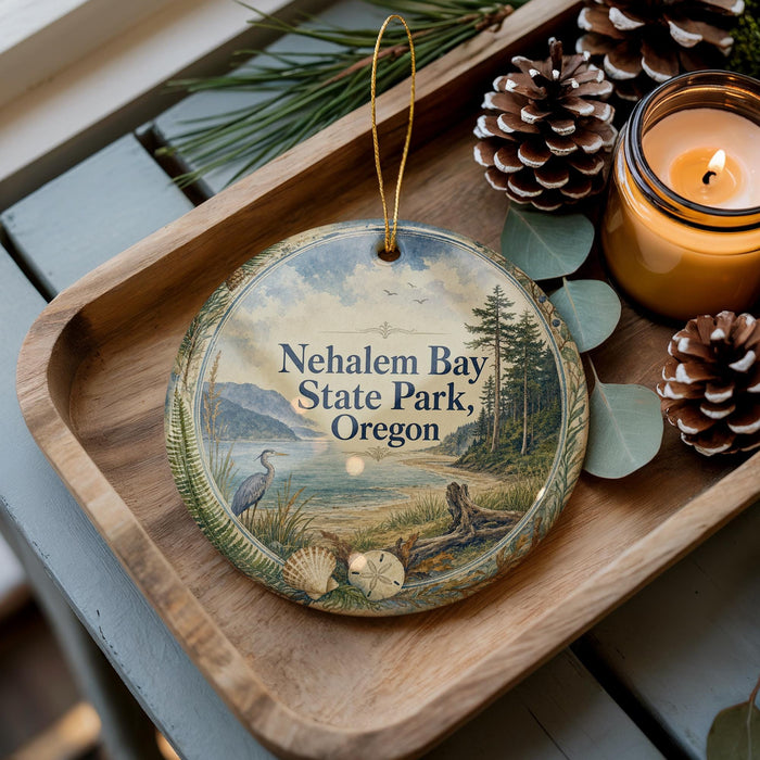 A decorative ornament with a scenic landscape of Nehalem Bay State Park, Oregon, featuring a bird, pine cones, and a candle on a wooden tray.