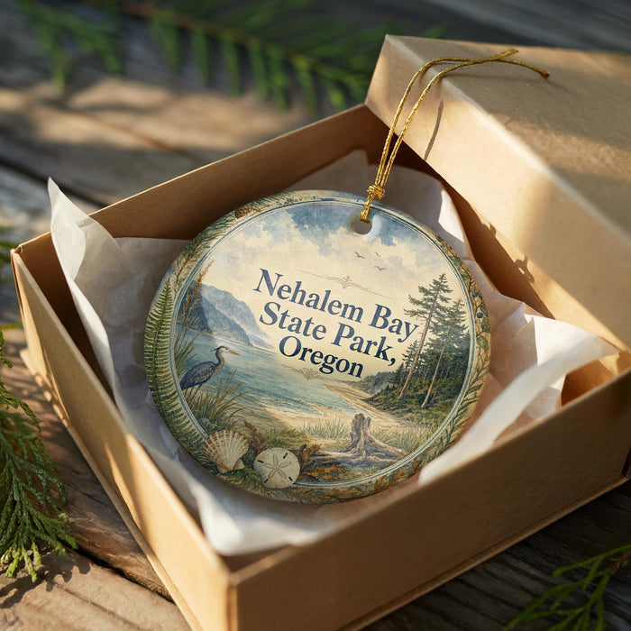 A round ornament in a box, featuring a scenic landscape with mountains, trees, and a bird, along with the text "Nehalem Bay State Park, Oregon".