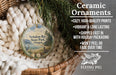 Ceramic ornaments, including a round ornament with a scenic image of Nehalem Bay State Park, Oregon, hanging from a wicker basket.