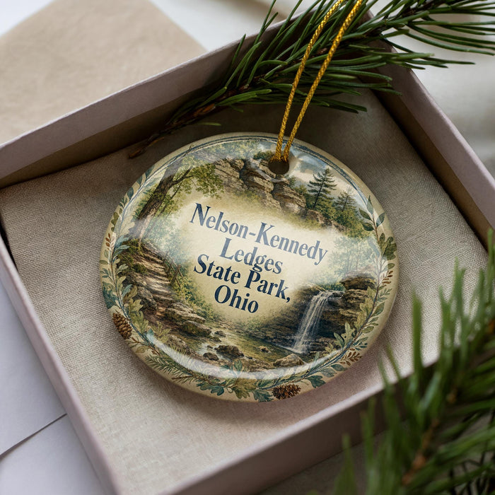 A decorative ornament with a scenic landscape of Nelson-Kennedy Lidges State Park, Ohio, displayed in a box with pine branches.
