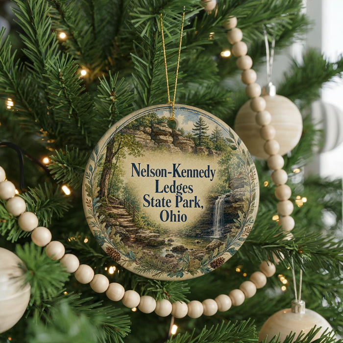 A round ornament hanging on a Christmas tree, featuring a scenic landscape with a waterfall and trees.