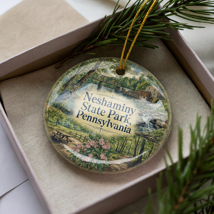 A decorative ornament in a box, featuring a scenic image of Neshaminy State Park in Pennsylvania.