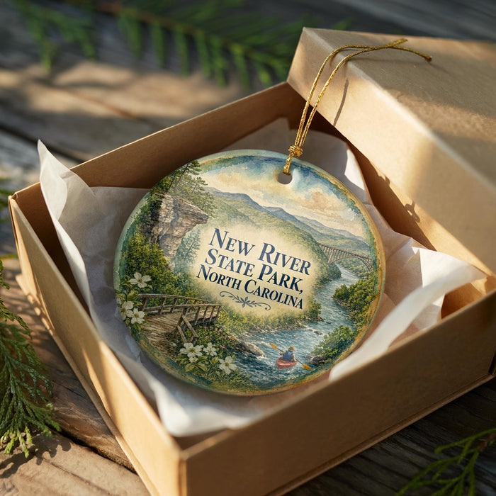 A decorative ornament in a box, featuring a scenic landscape with a river, mountains, and a bridge.