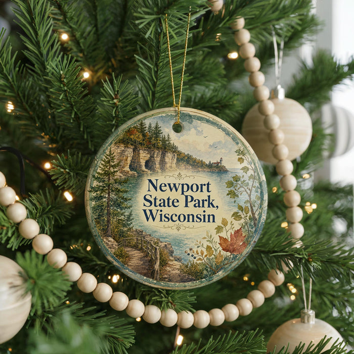 A round ornament hanging on a Christmas tree, featuring a scenic landscape with a lake and mountains.