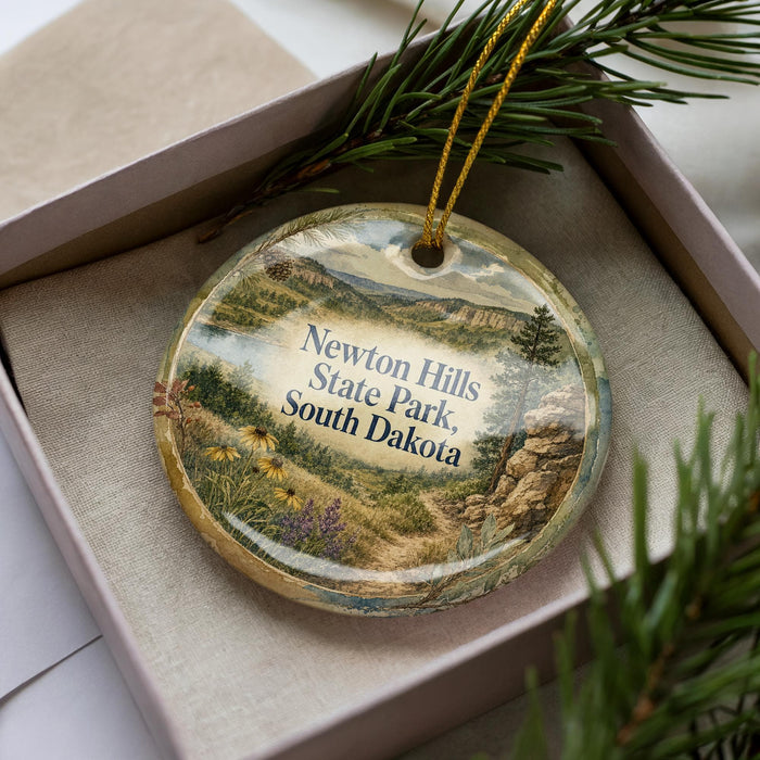 A decorative ornament in a box, featuring a scenic landscape of Newton Hills State Park in South Dakota.