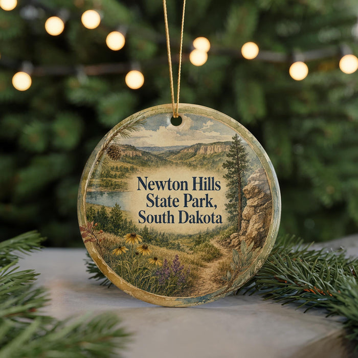 A round ornament with a scenic landscape of Newton Hills State Park, South Dakota, featuring a mountain, river, and pine trees.