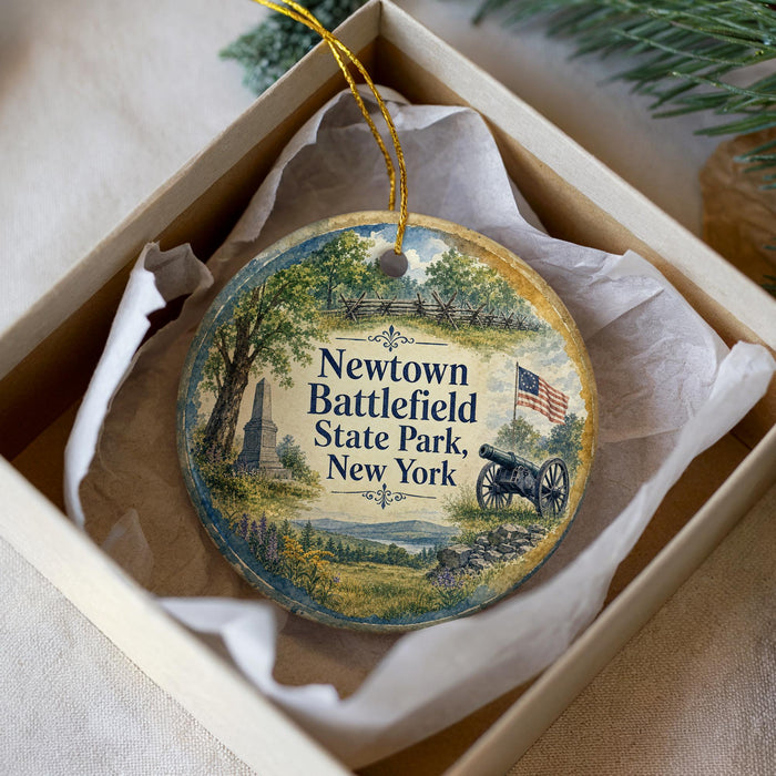 A decorative ornament in a box, featuring a painting of a cannon and a landscape scene with trees and a building.