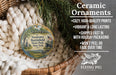 Ceramic ornaments, specifically those shaped like the town of Newtown, Connecticut, are displayed in a basket. The ornaments are described as having a cozy, high-quality print, vibrant and long-lasting, and being shipped fast in holiday packaging. They are also noted to not peel or fade over time.