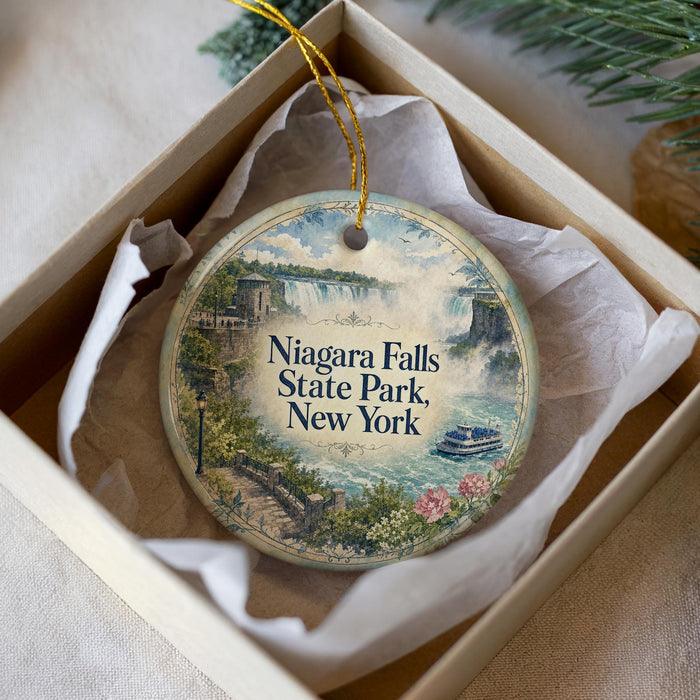 A decorative ornament in a white box, featuring a scenic image of Niagara Falls State Park, New York.