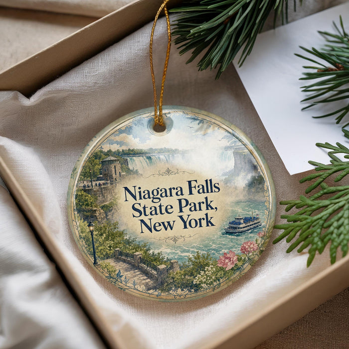A decorative ornament featuring a scenic image of Niagara Falls State Park, New York, hanging from a string.
