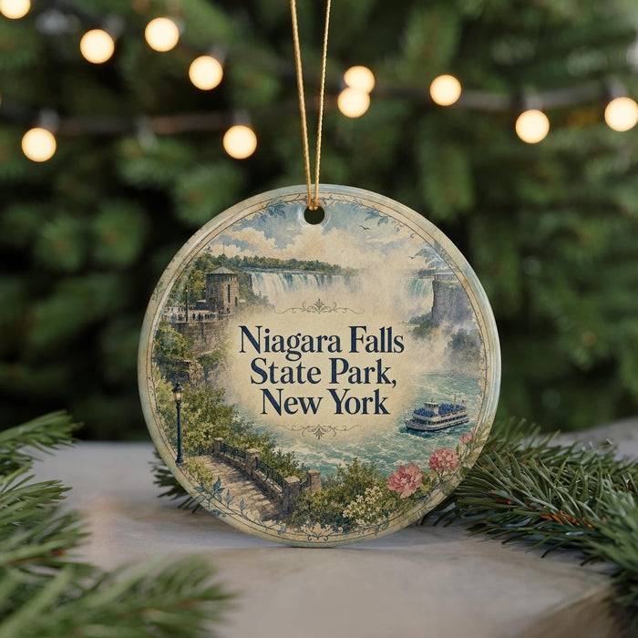 A round ornament with a painting of Niagara Falls, a waterfall, and a boat, hanging in front of a Christmas tree with lights.