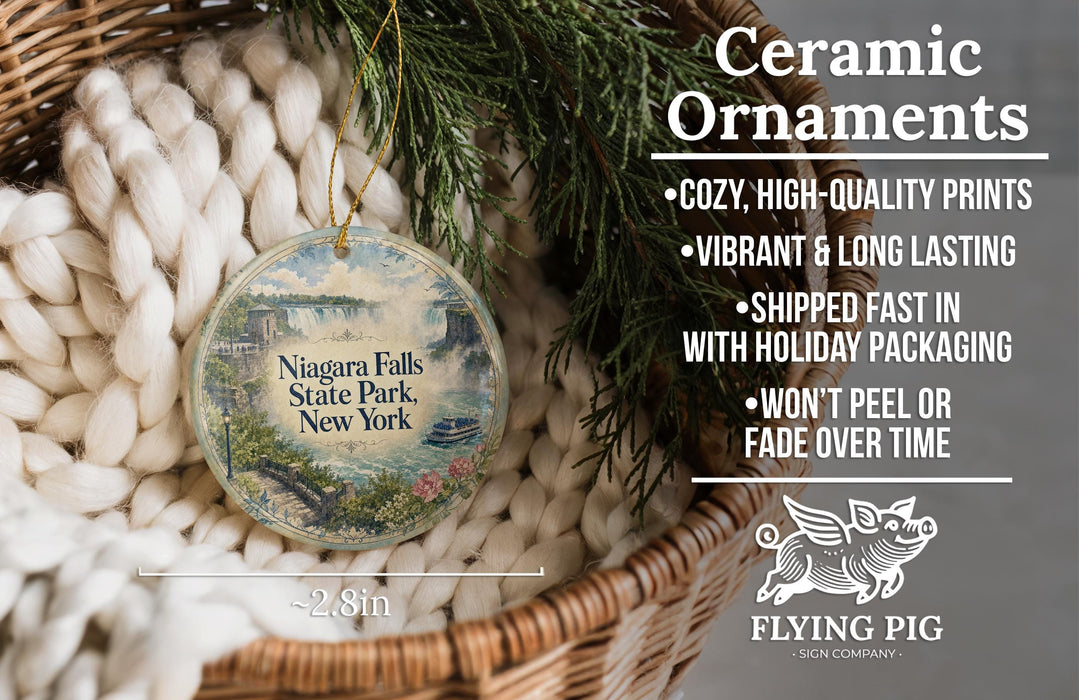 Ceramic ornaments, specifically those shaped like the Niagara Falls State Park in New York, are displayed in a basket.
