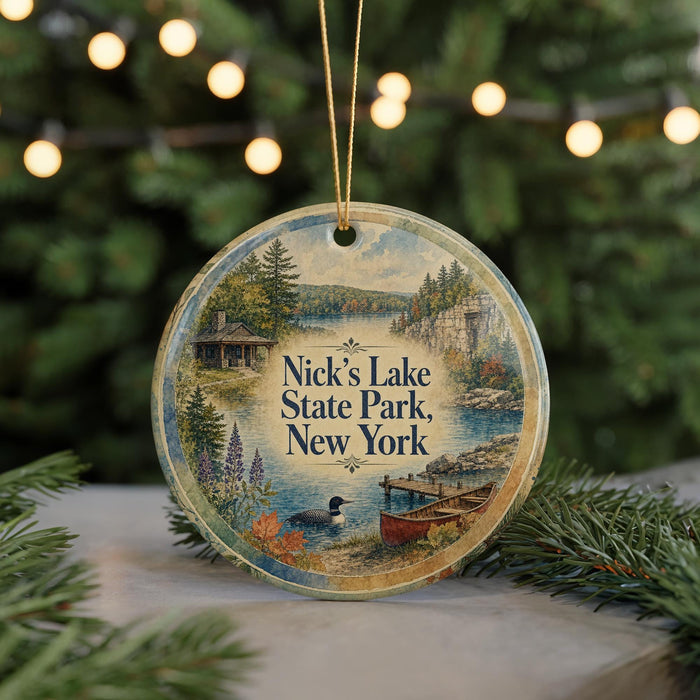 A round ornament with a scenic image of Nick's Lake State Park, New York, featuring a cabin, trees, and a lake.