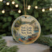A round ornament with a scenic image of Nick's Lake State Park, New York, featuring a cabin, trees, and a lake.