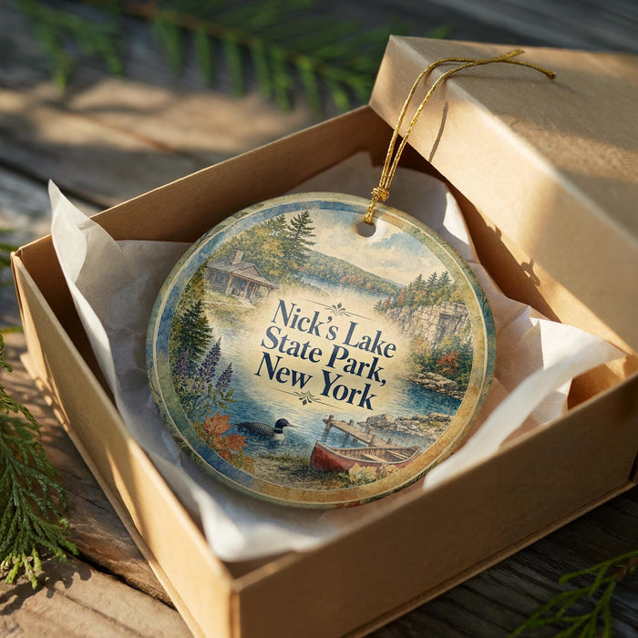 A round ornament in a box, featuring a scenic landscape with a lake, trees, and a boat, with the text "Nicky's Lake State Park, New York" printed on it.