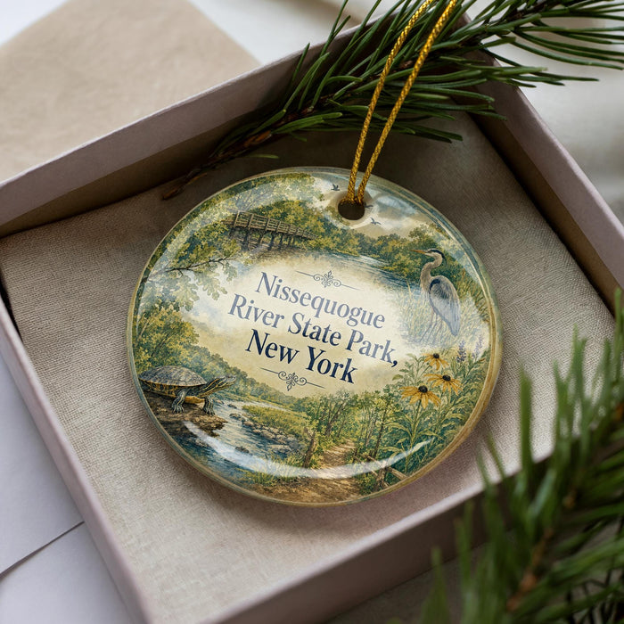 A decorative ornament in a box, featuring illustrations of a river, park, and birds, with the text "Nissequogue River State Park, New York" prominently displayed.