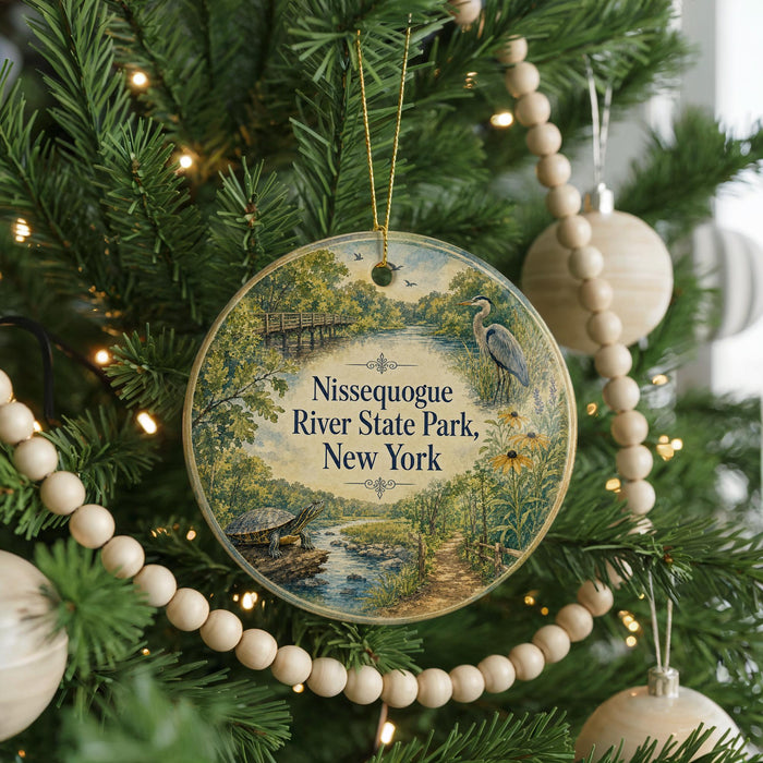 A round ornament hanging on a Christmas tree, featuring a scenic image of the Nissquogue River State Park in New York.