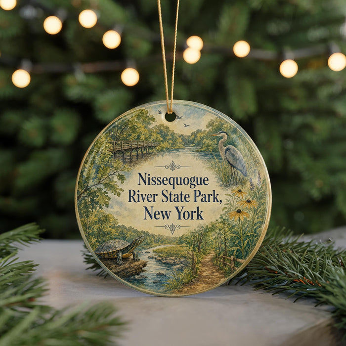 A round ornament with a painting of a river and park scenery, featuring a bird and a turtle, hangs in front of a blurred background with twinkling lights.