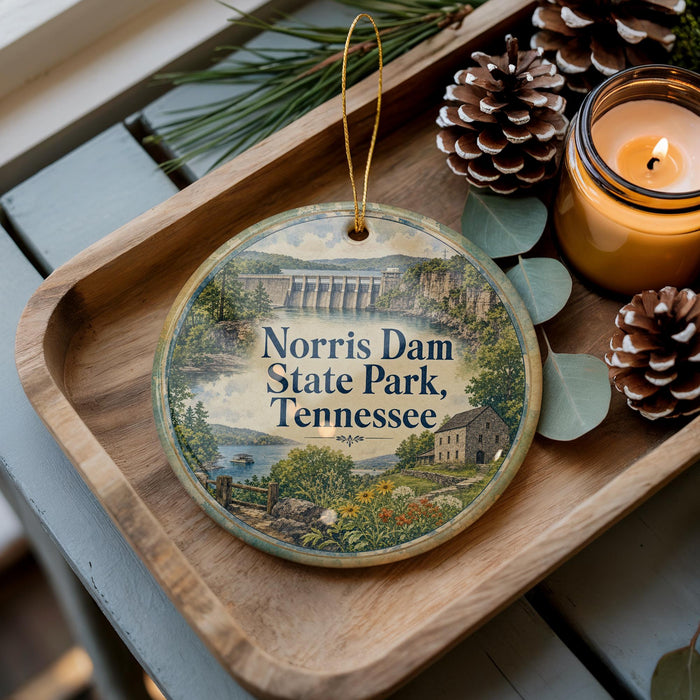 A decorative ornament featuring a scenic image of Norris Dam State Park in Tennessee, with pine cones and a lit candle on a wooden tray.
