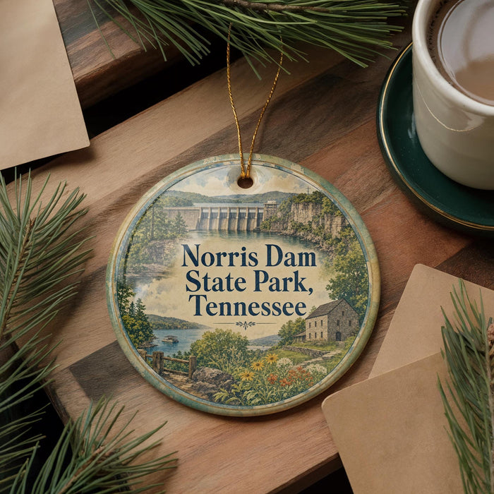 A round ornament with a scenic image of Norris Dam State Park, Tennessee, hanging on a wooden surface.