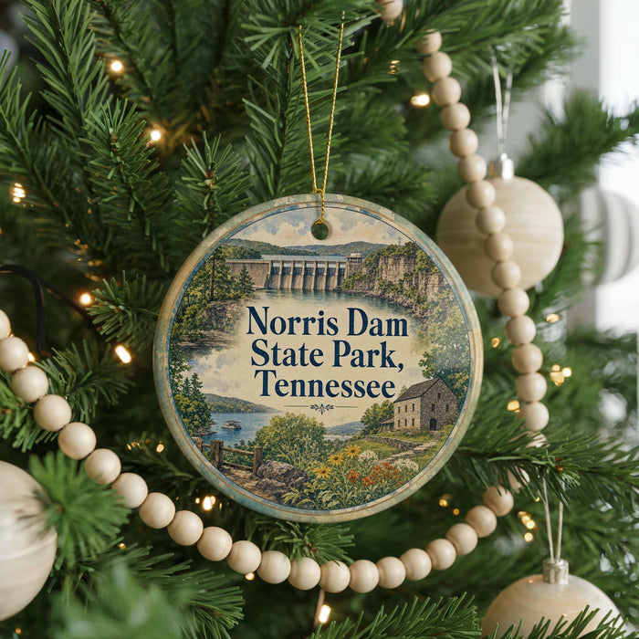A round ornament hanging on a Christmas tree, featuring a scenic image of Norris Dam State Park, Tennessee.