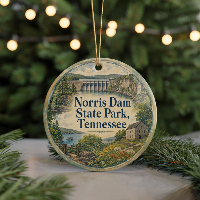 A round ornament with a scenic image of a lake and a bridge, surrounded by greenery, with the text "NORRIS DAM STATE PARK, TENNESSEE" displayed prominently.