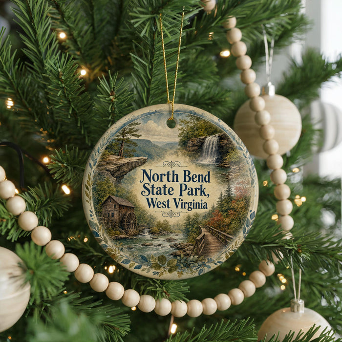 A round ornament hanging on a Christmas tree, featuring a scenic landscape with a waterfall and a cabin.