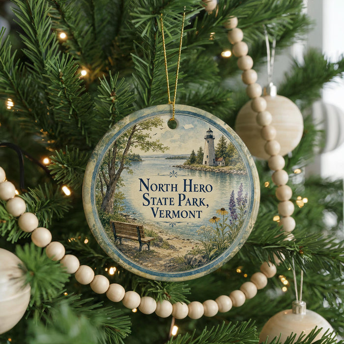 A round ornament hanging on a Christmas tree, featuring a scenic landscape with a lighthouse and a bench.