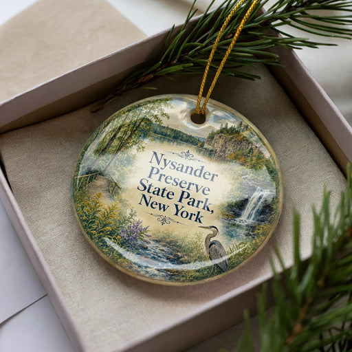 A decorative ornament in a box, featuring a scenic landscape with a waterfall and a bird, with the text "Nysander Preserve State Park, New York" prominently displayed.