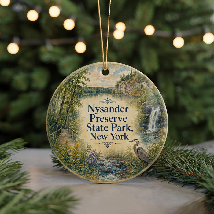 A round ornament with a painting of a scenic landscape, featuring a waterfall, trees, and a bird, hangs in front of a Christmas tree with lights.