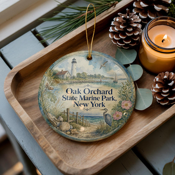 A decorative ornament featuring a lighthouse and a serene coastal scene, placed on a wooden tray alongside pine cones and a lit candle.
