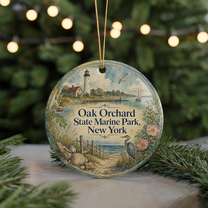 A round ornament with a lighthouse and a coastal scene, featuring the text "Oak Orchard State Marine Park, New York".