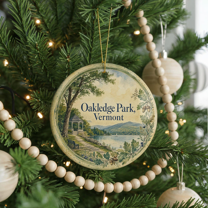 A round ornament on a Christmas tree, featuring a scenic landscape of Oakledge Park, Vermont.