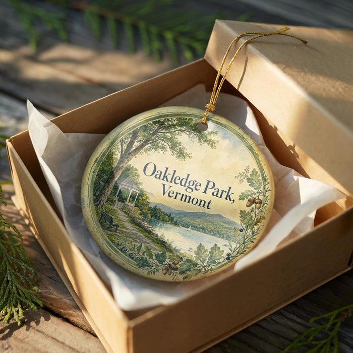 A decorative ornament in a box, featuring a scenic landscape of Oakledge Park, Vermont.