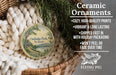 Ceramic ornaments, specifically Oakledge Park, Vermont ornaments, are displayed in a basket with pine branches. The text highlights the ornaments as "cozy, high-quality prints, vibrant and long lasting, shipped fast in with holiday packaging, won't peel or fade over time".