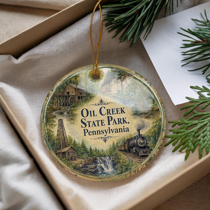 A decorative ornament with a picture of a train, a building, and a waterfall, along with the text "OIL CREEK STATE PARK, PA" and "Pennsylvania".