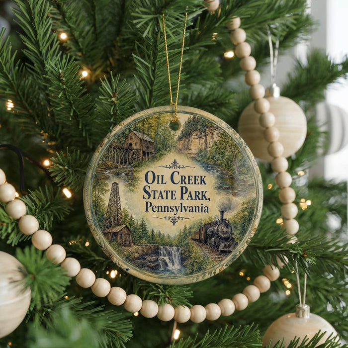 A round ornament hanging on a Christmas tree, featuring an illustration of a train and a building, with the text "OIL CREEK STATE PARK, Pennsylvania" displayed on it.