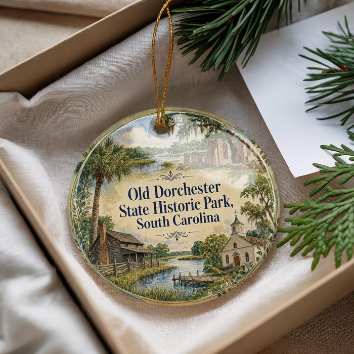 A decorative ornament with a scenic image of Old Dorchester State Historic Park, South Carolina, hanging from a string.