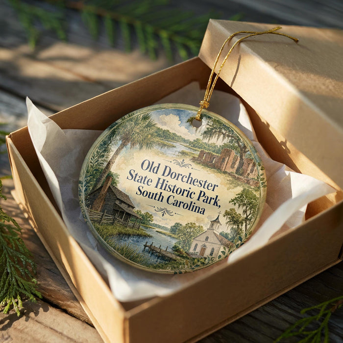 A decorative ornament in a wooden box, featuring a scenic landscape with buildings and greenery, with the text "Old Dorchester State Historic Park, South Carolina" printed on it.