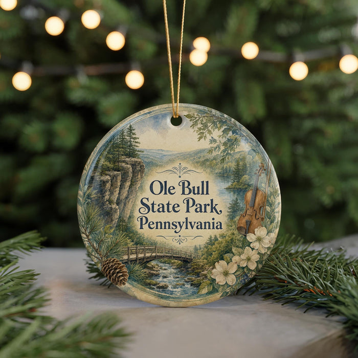 A decorative ornament featuring a scenic landscape with a bridge, pine trees, and a river, hanging from a string.