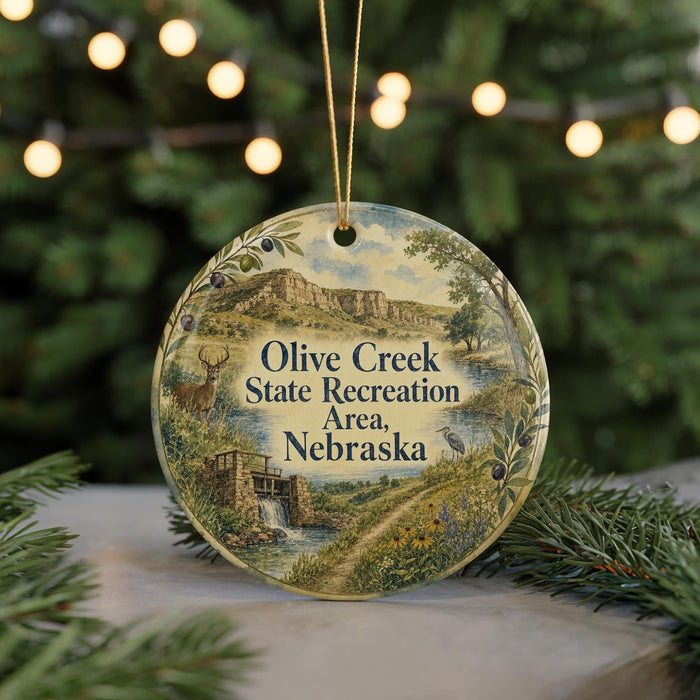 A round ornament with a scenic landscape of a river, mountains, and wildlife, hanging from a string.