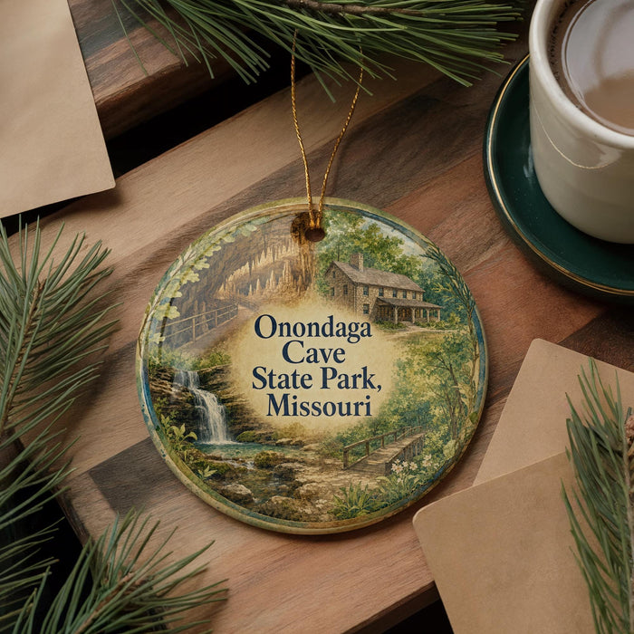 A decorative ornament featuring a scenic image of Onondaga Cave State Park, Missouri, with pine branches and a cup of coffee nearby.